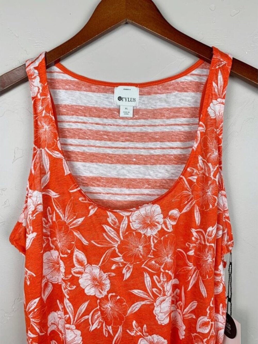 NWT New Stylus Linen Tank Top Orange & Floral Stripe Sleeveless Women's XL - Picture 3 of 9